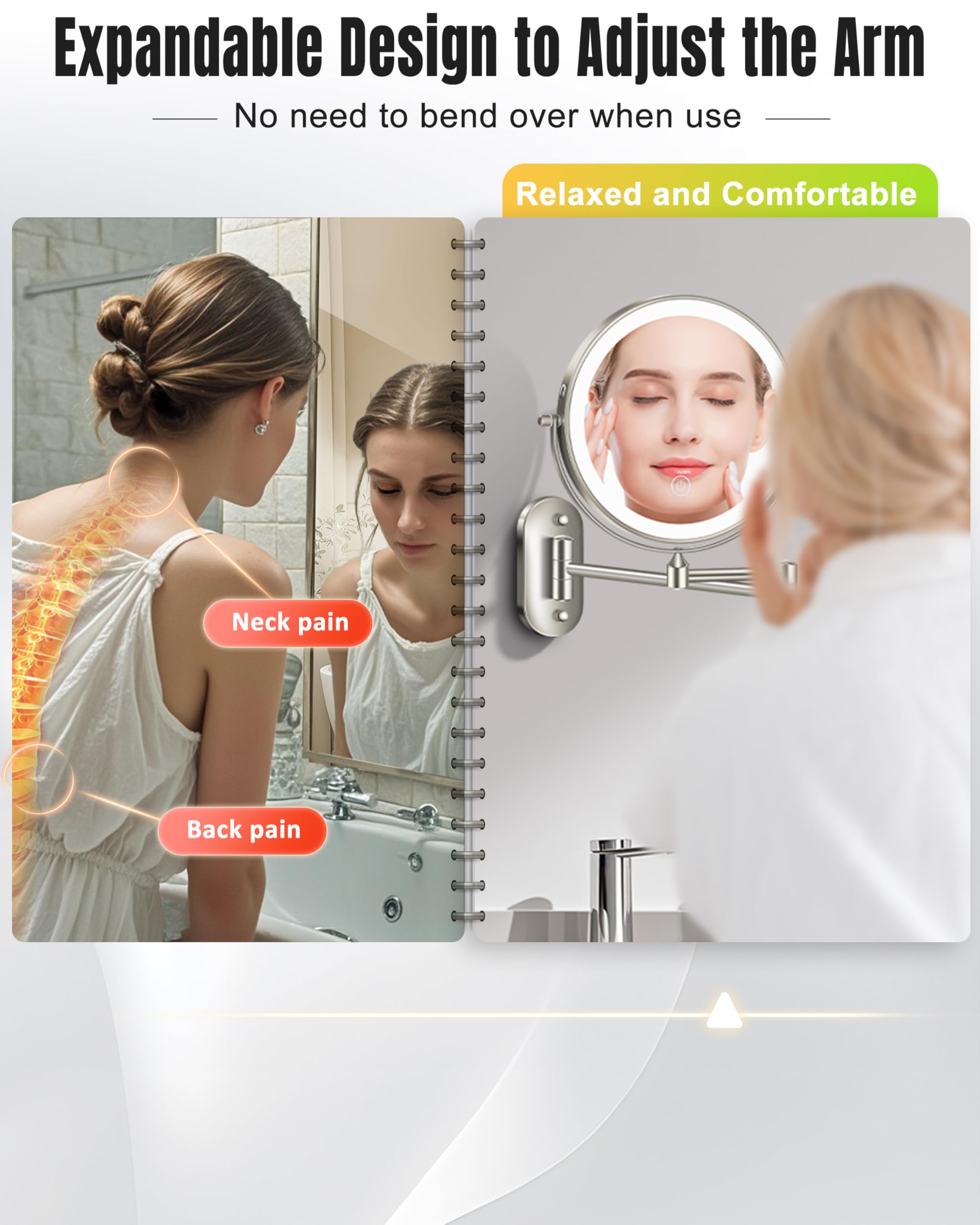 Brazo extensible y rotación de 360 grados para posicionar el espejo.