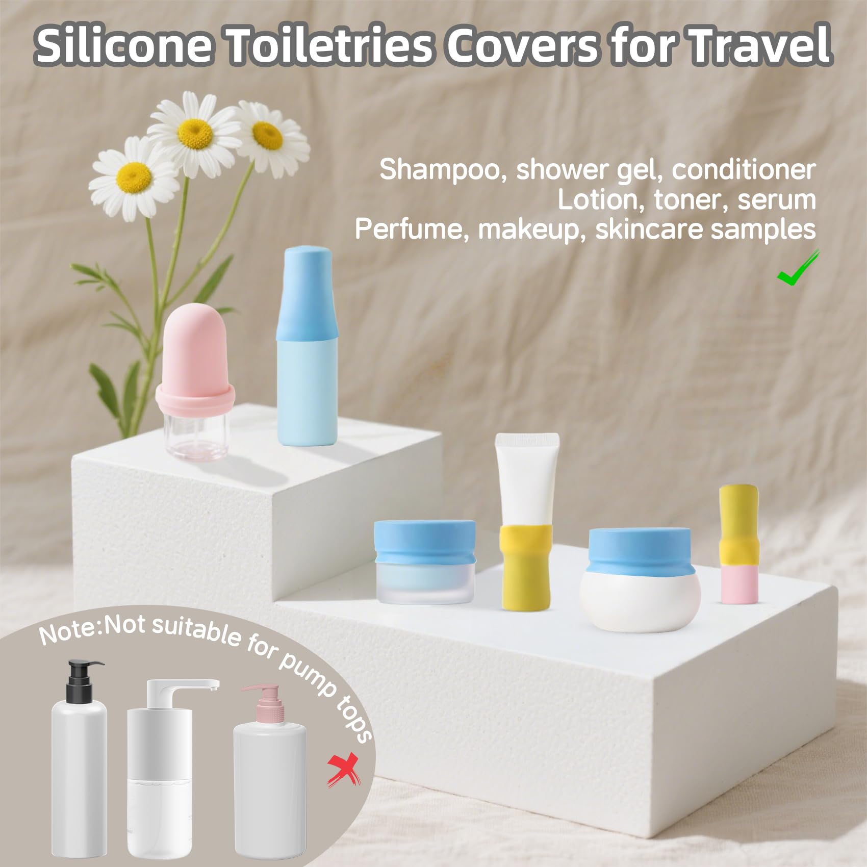 VYNFLICK funda silicona tamaño medio para lociones, tónicos y sueros, ideal para viajar