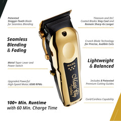 Wahl Magic Clip Oro: cuchilla escalonada para cortes uniformes y precisos.