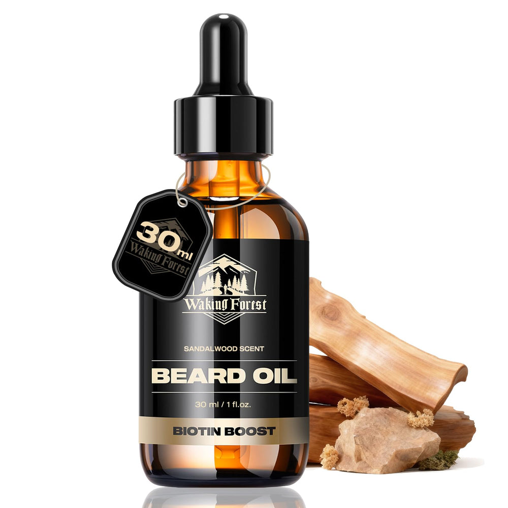 Waking Forest aceites de barba sándalo muestra la botella frontal para estética y uso