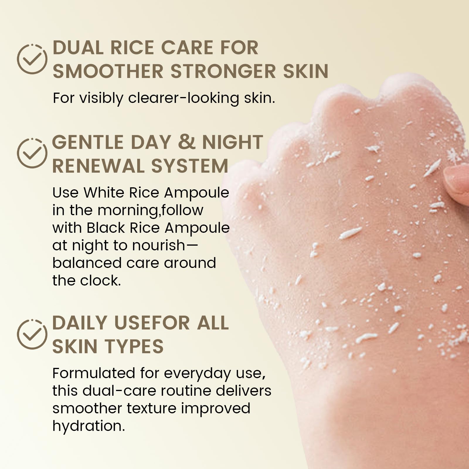 aplicación en mano: masaje suave para rostro y cuello.