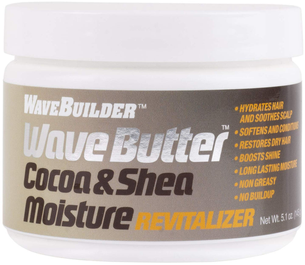 Wavebuilder Cocoa y Shea Wave Butter en bote, hidratación intensa para rizos definidos.