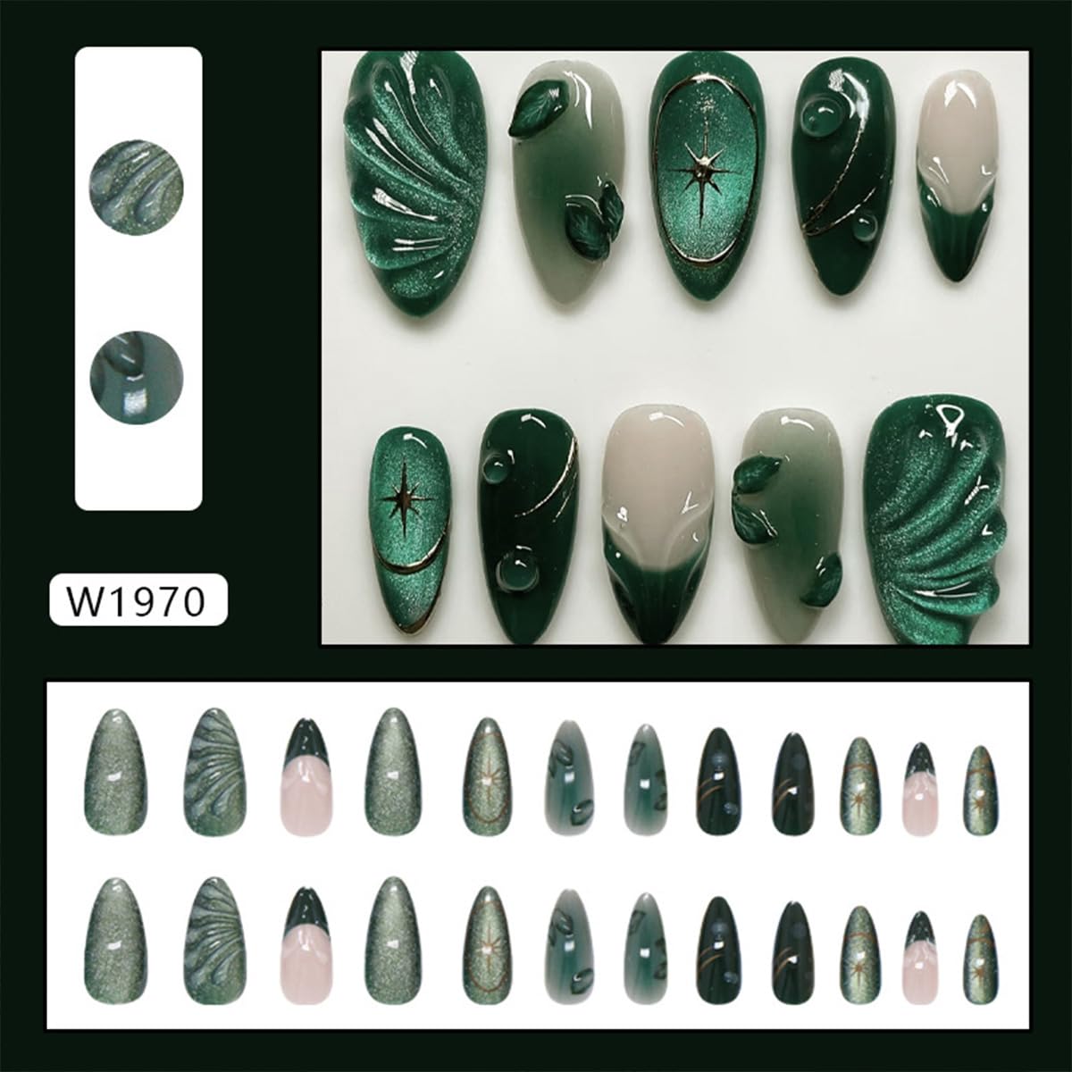 Uñas prensadas WBRRFJJ con hojas 3D verde, look único para eventos.
