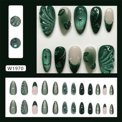 Uñas prensadas WBRRFJJ con hojas 3D verde, look único para eventos.