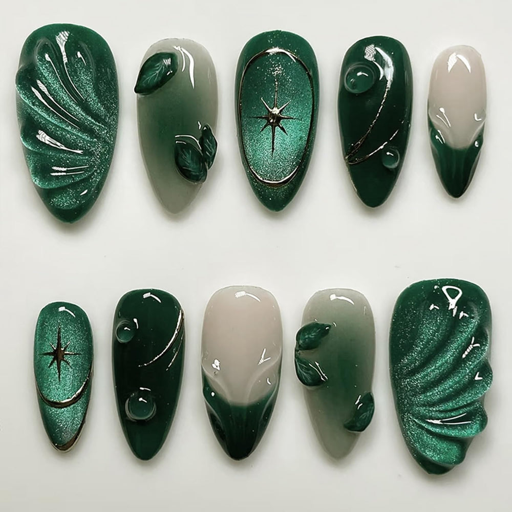 Uñas prensadas WBRRFJJ verde oscuro, acabado francés, brillo duradero para diario.
