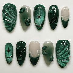Uñas prensadas WBRRFJJ verde oscuro, acabado francés, brillo duradero para diario.
