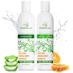 Champú Wild Naturals eccema psoriasis, frasco, calma irritaciones del cuero cabelludo.