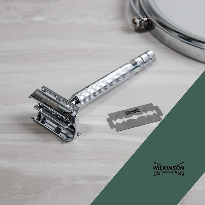 Wilkinson Sword, detalle de hoja de doble filo, filo nivelado para precisión.