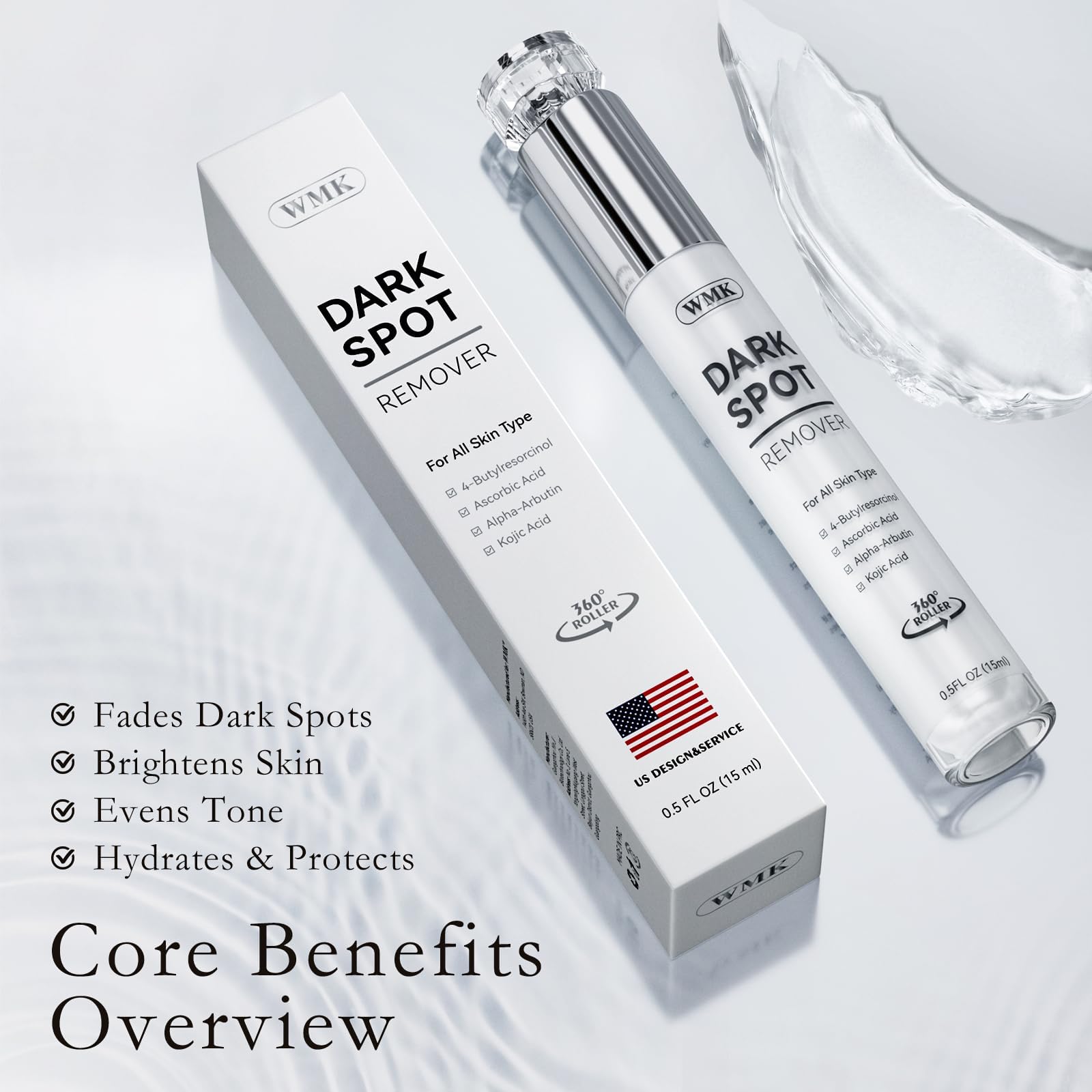 WMK Serum anti manchas para rostro con rodillo 360° para distribución uniforme.