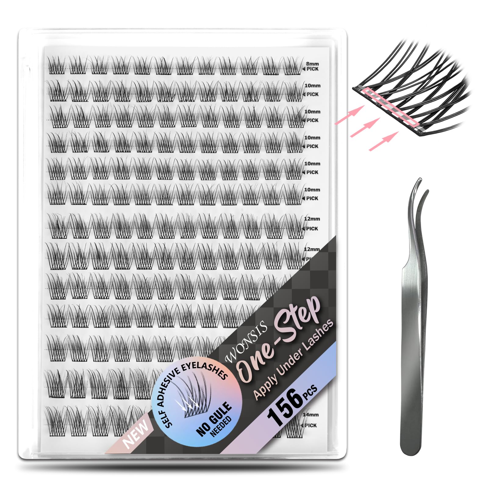 Pestañas autoadhesivas WONSIS: caja 156 clusters para looks naturales diarios.