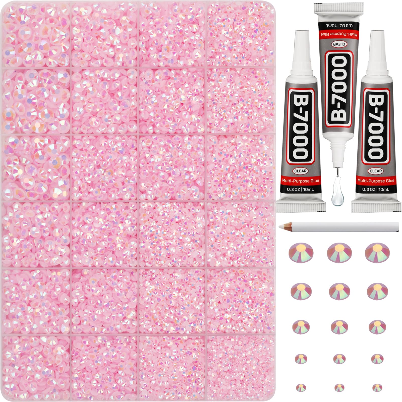 Worthofbest piedras rosa para bedazzling, organizadas en 24 cuadrículas para acceso rápido.
