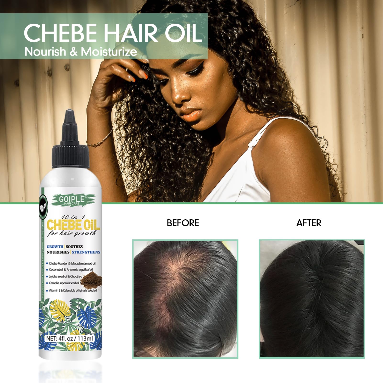 Application scene showing a 5-minute scalp massage with WOZUTUNT Chebe Oil.
