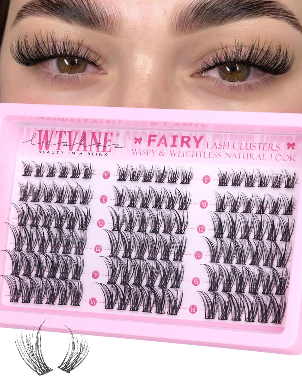 Pestañas wtvane con efecto pluma natural para un aspecto suave y definido.