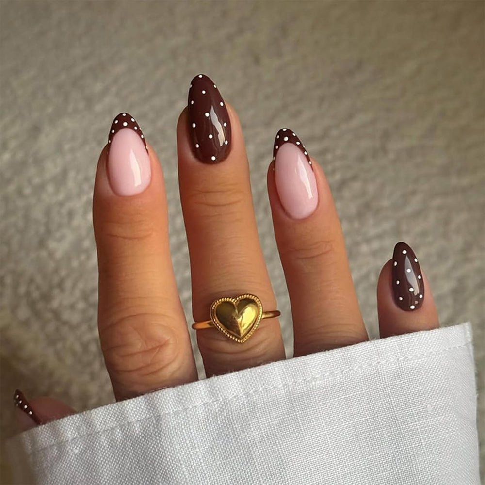 WUHCIM Uñas postizas con lunares marrón en forma de almendra para un look elegante