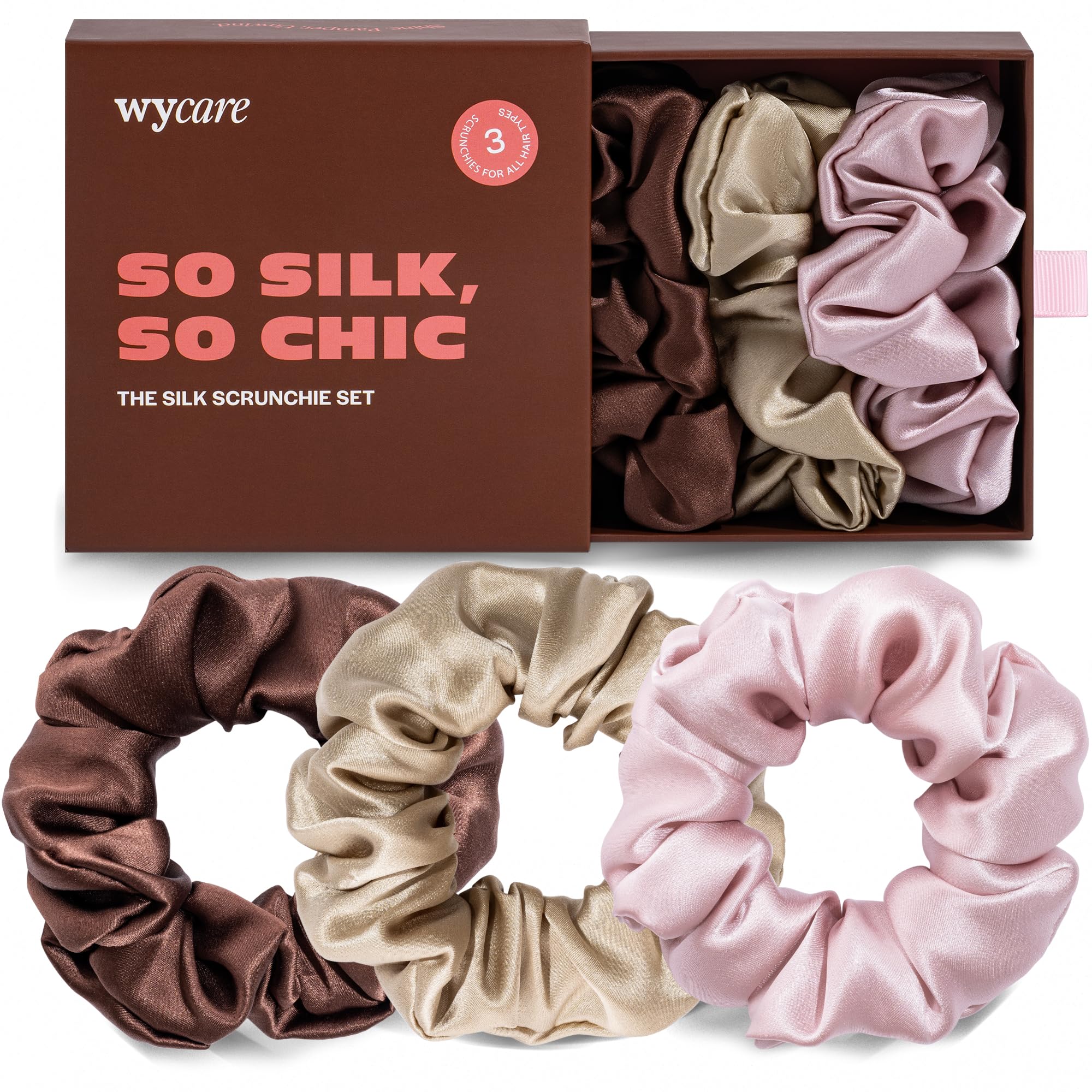 Wycare coletas de seda chocolate: suavidad lujosa para cabello sin nudos al despertar.