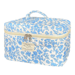 WYJ bolsa de maquillaje azul floral acolchada, ideal para viajes y organización de cosméticos.