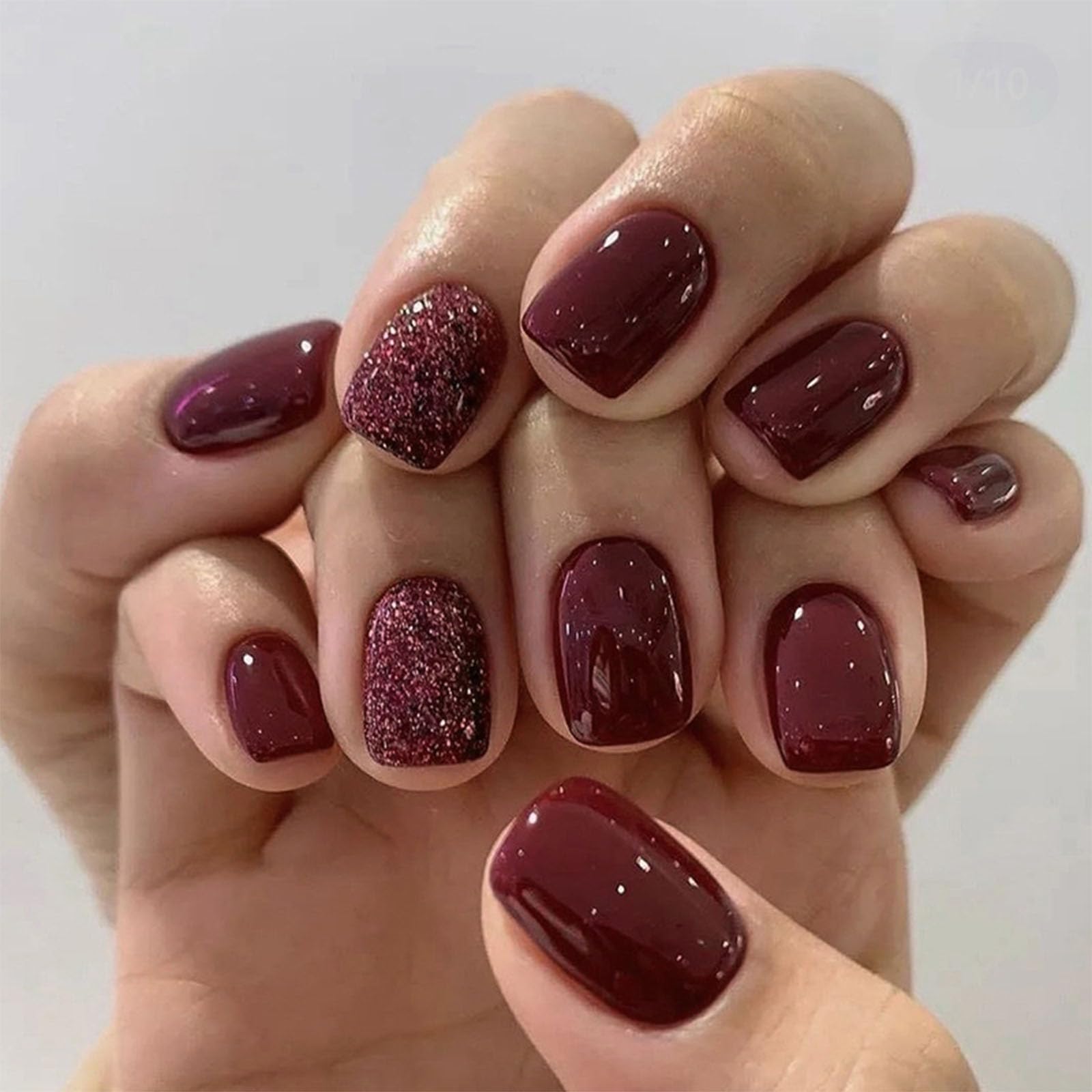Xenophoer uñas postizas cuadradas burdeos con brillo dorado para uso diario.