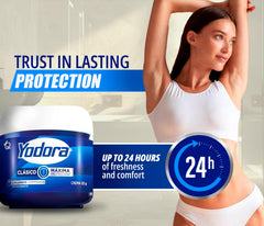 Aplicación suave de Yahve Yodora Clasico crema desodorante para piel sensible.