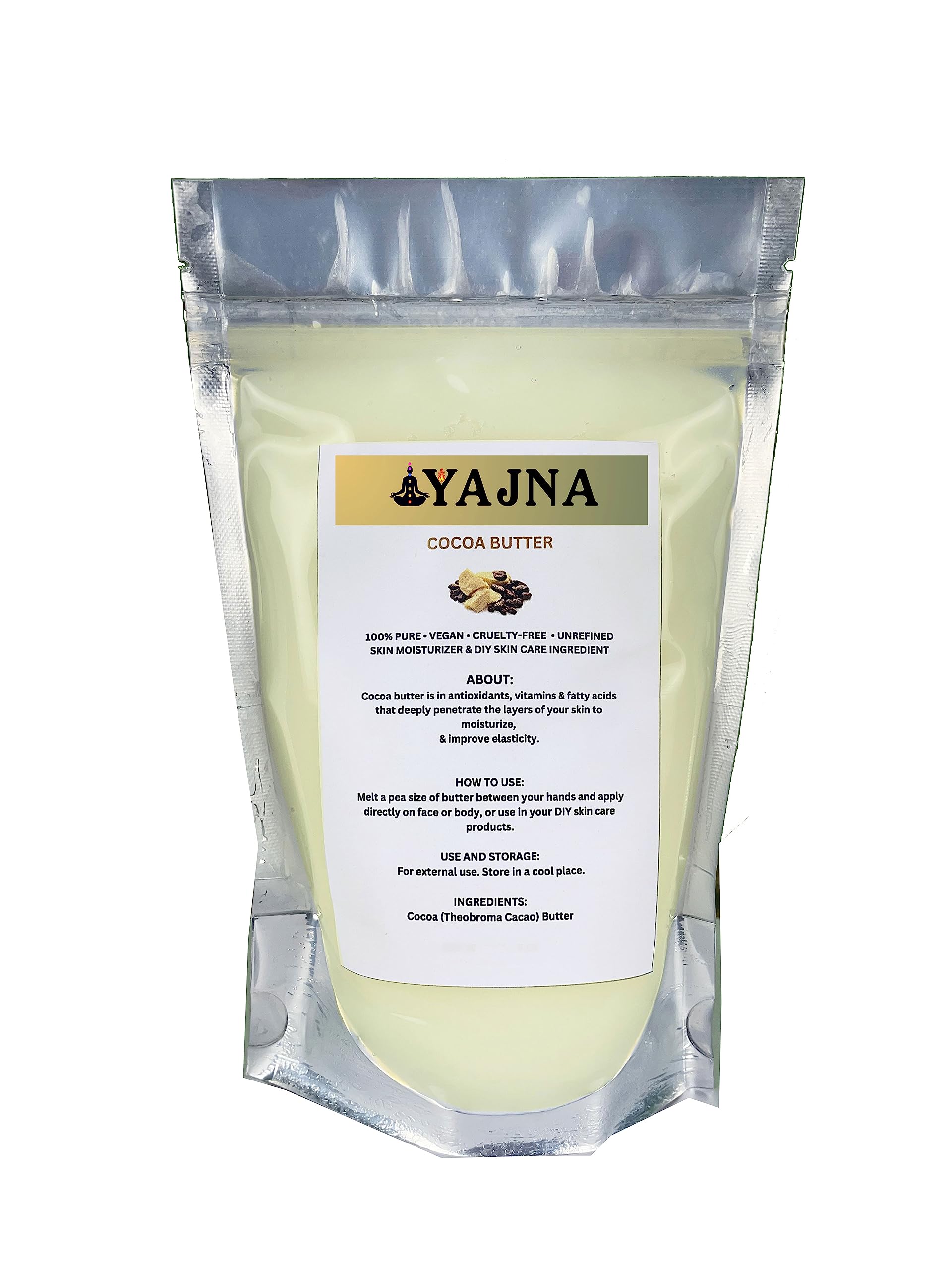 Yajna Organic Raw Cocoa Butter bottle with label for daily moisture