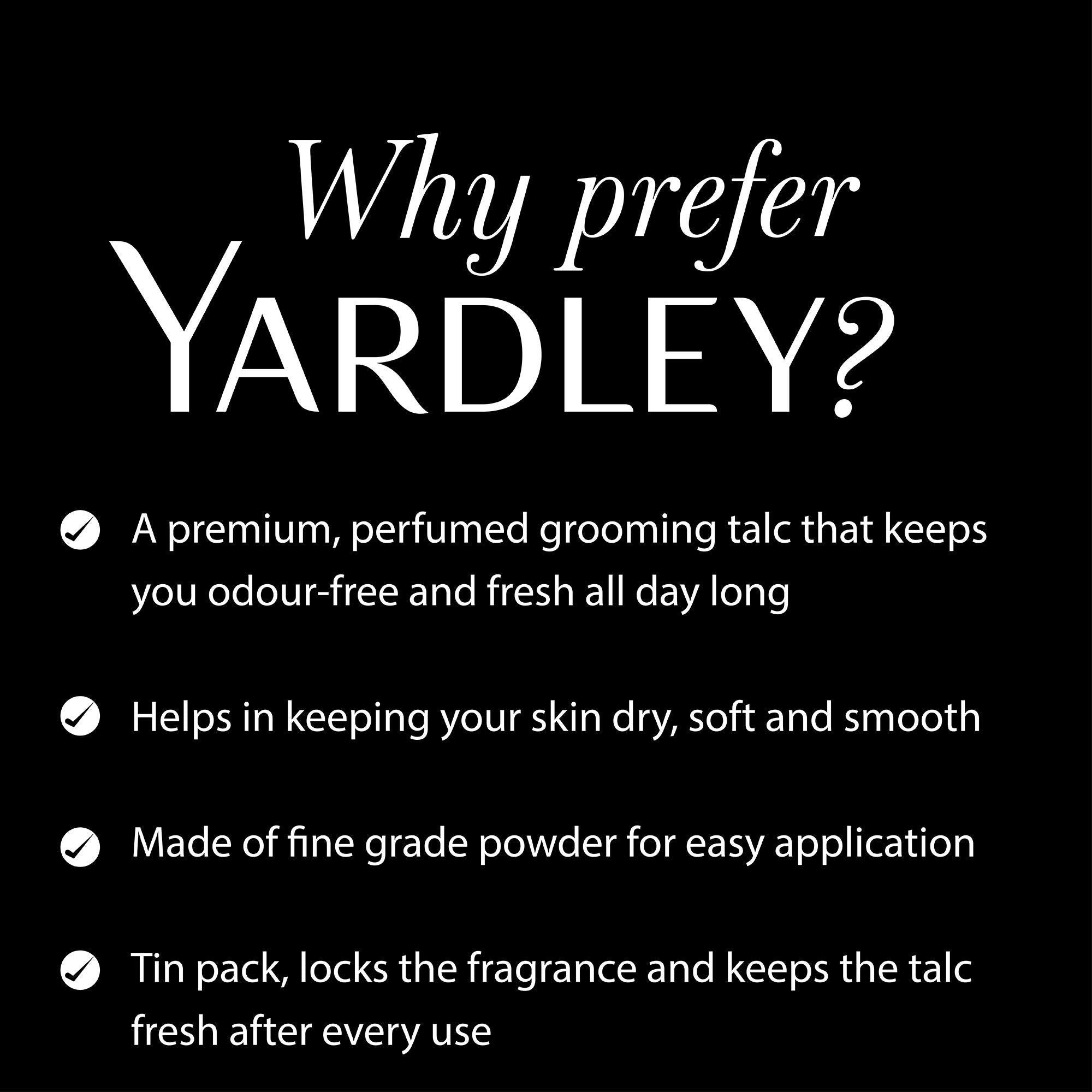 Yardley Elegance talco perfumado con fragancia delicada que perdura durante el día.