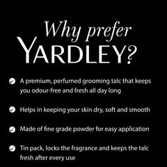 Yardley Elegance talco perfumado con fragancia delicada que perdura durante el día.