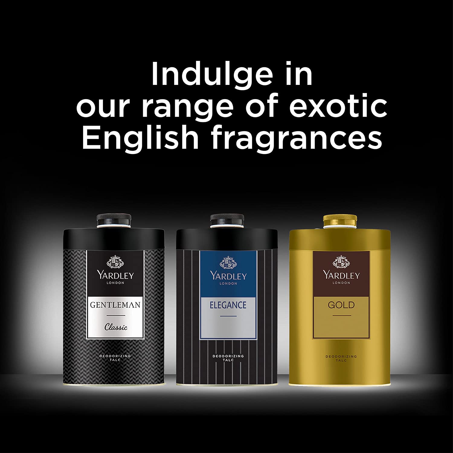 Frasco icónico de Yardley London Gold Talco con estilo clásico.