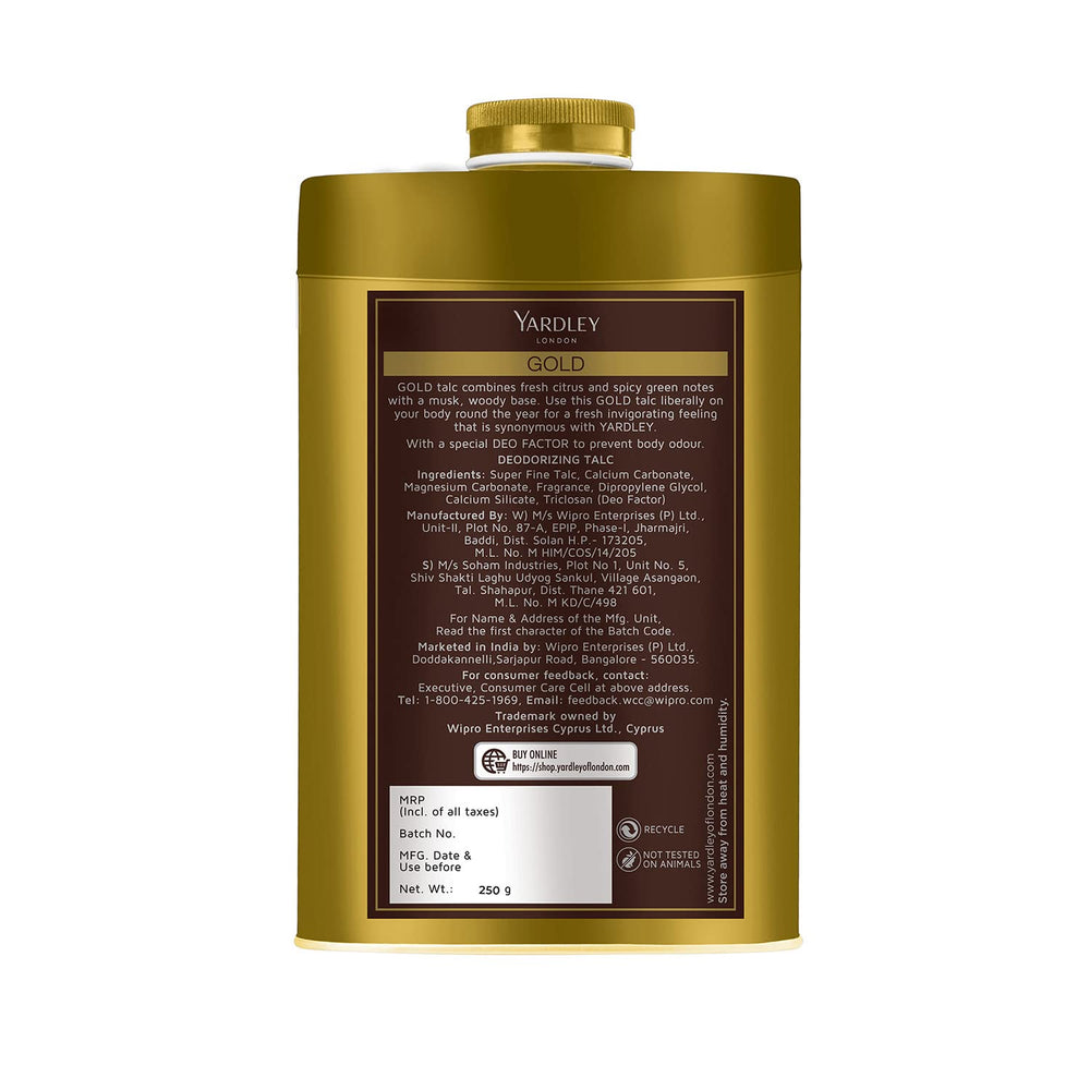 Envase de 250 g de Yardley London Gold Talco con diseño clásico.