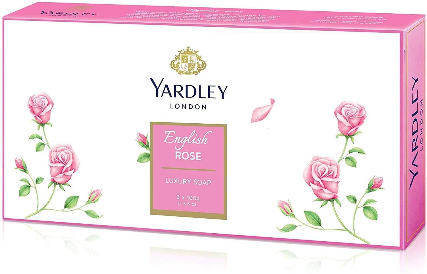 Jabón Yardley rosa inglesa en caja con tres barras, ideal para uso diario.