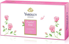 Jabón Yardley rosa inglesa en caja con tres barras, ideal para uso diario.