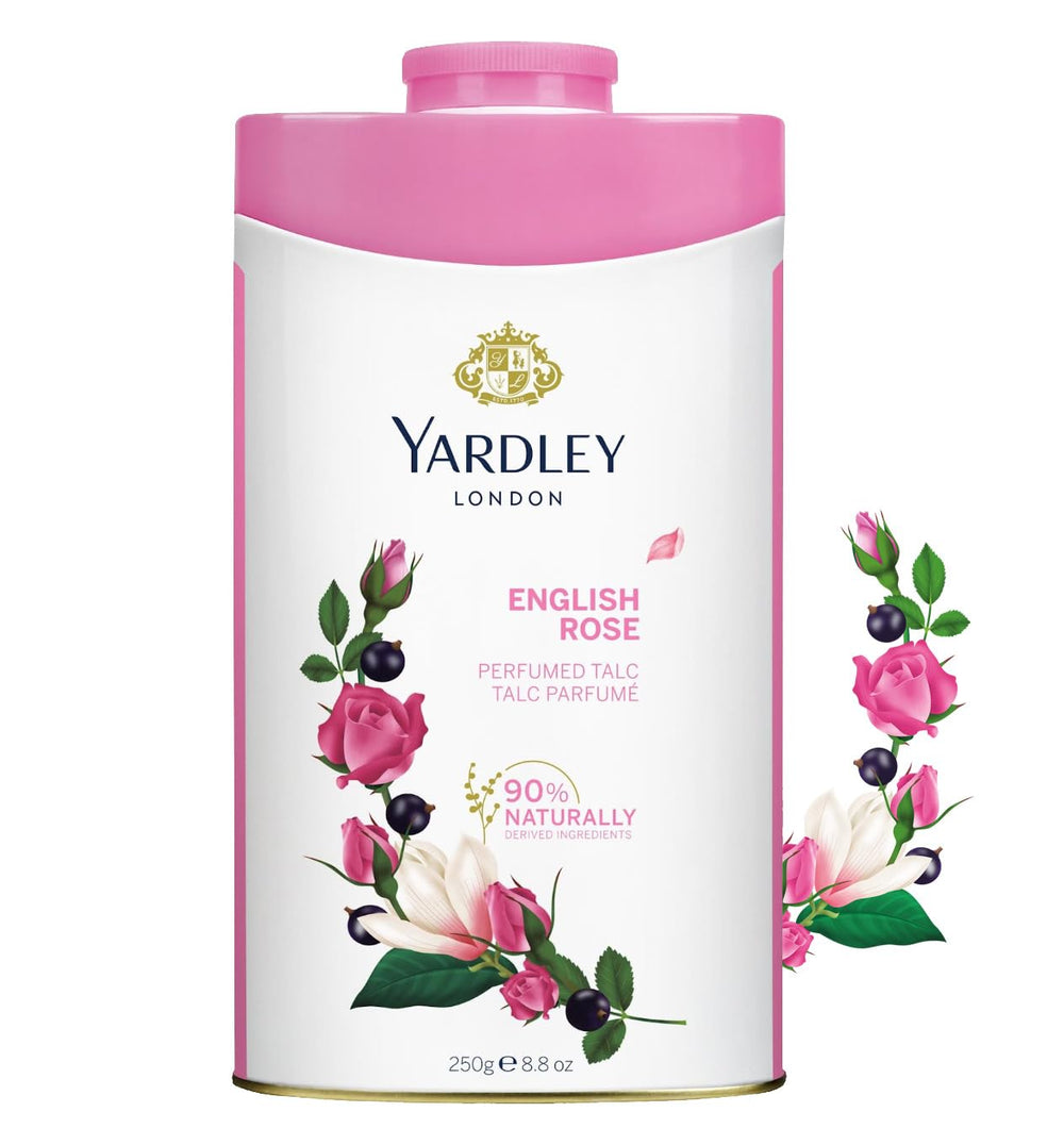 Yardley talco perfumado Rosa en frasco, aroma elegante.