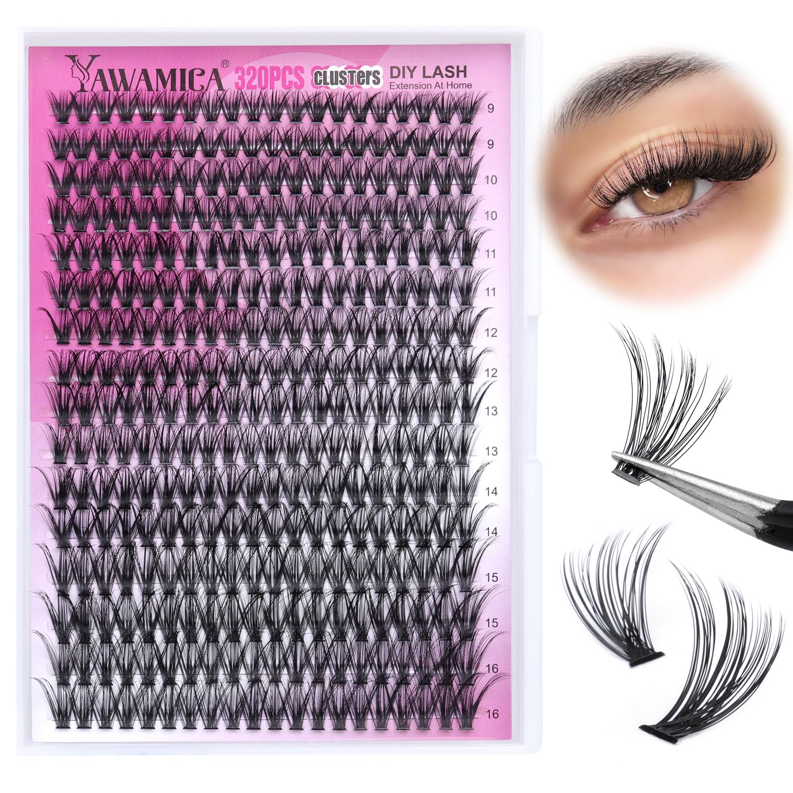 Yawamica 320pcs lash clusters collection for versatile DIY lash looks.