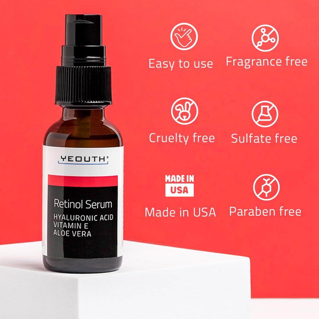 yeouth retinol serum, empaque translucido, listo para usar cada noche