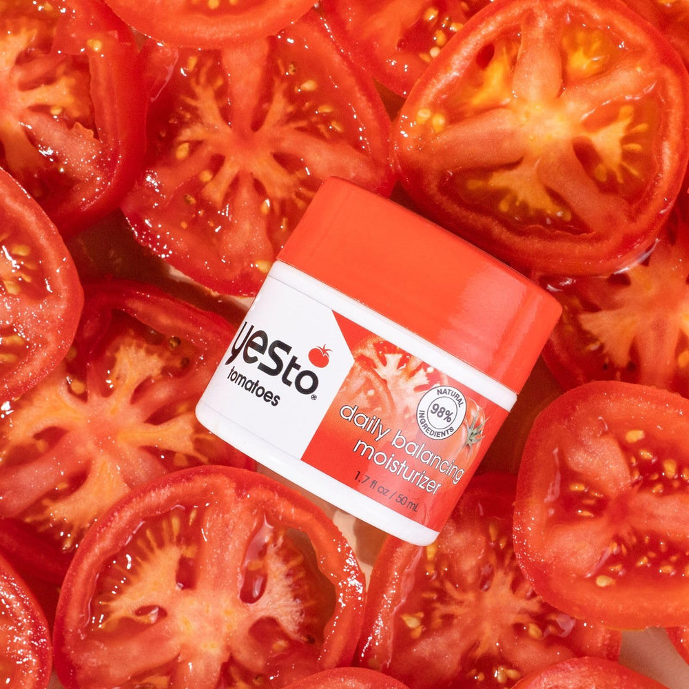 Yes To Tomatoes moisturizer texture close-up showing silky, oil-balancing finish for blemish-prone skin