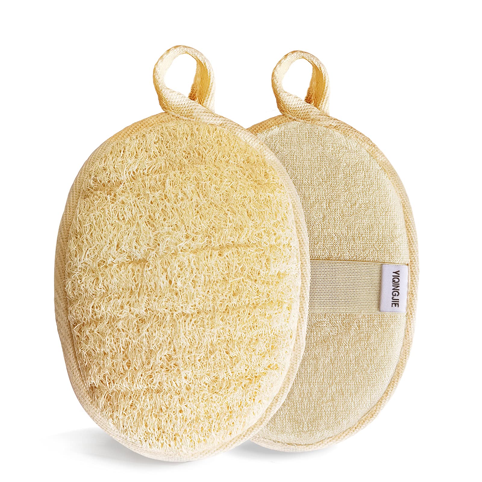Esponja lufa YIQINGJIE en pack de dos para exfoliar suavemente en la ducha.
