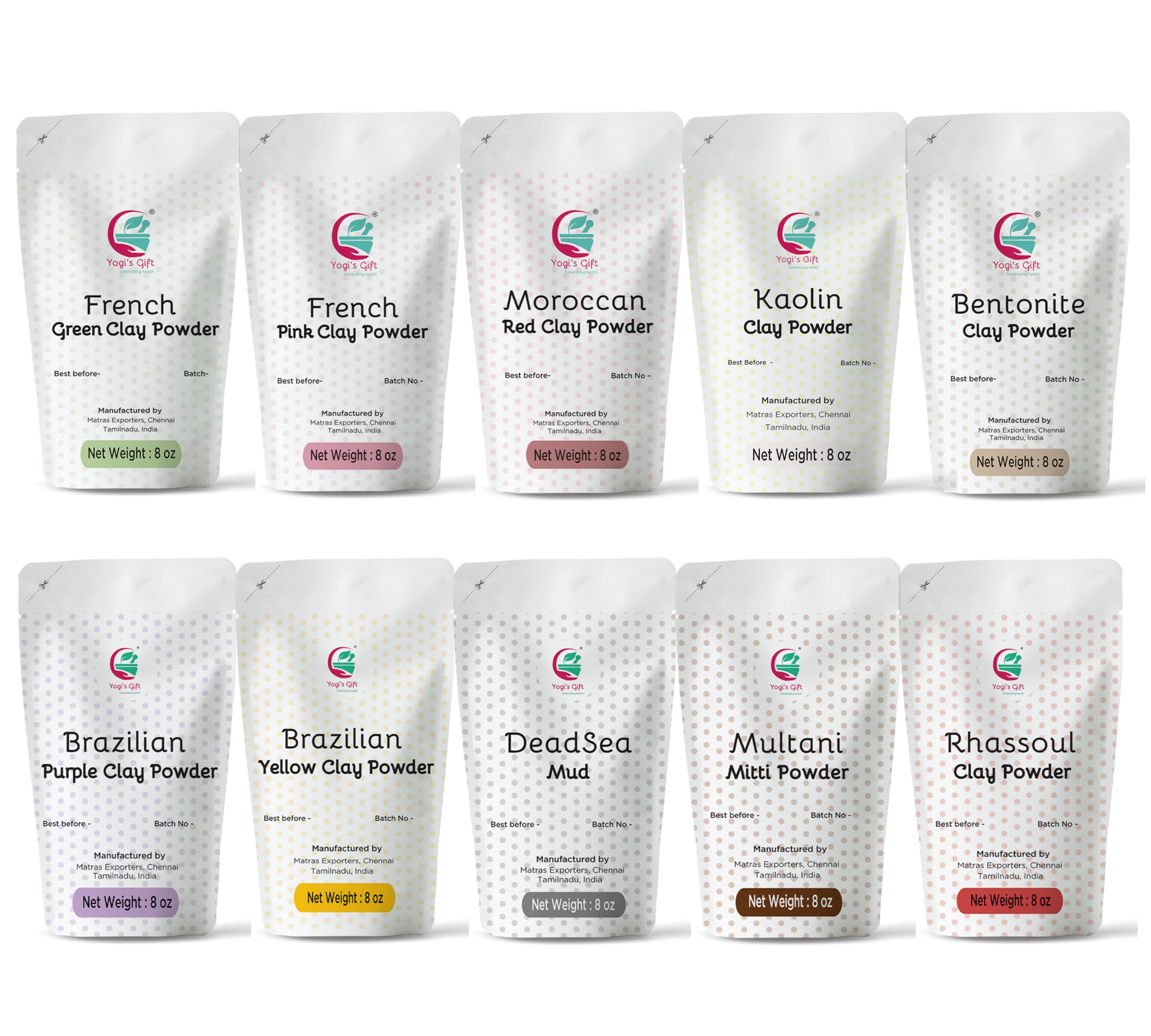 YOGI’S GIFT: pack de 10 arcillas de colores para cosmética, ideal para mascarillas creativas.