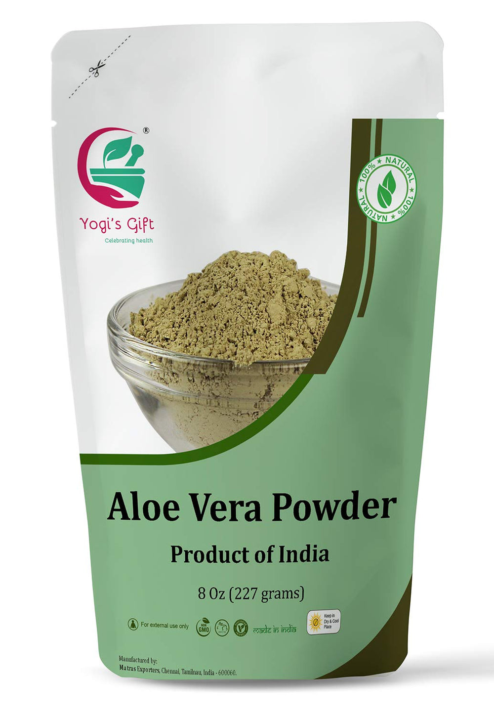 YOGI’S GIFT polvo Aloe Vera en frasco, hidratación suave para la piel.