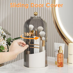 YOOLENS dustproof makeup brush holder lid close-up showing protective enclosure.