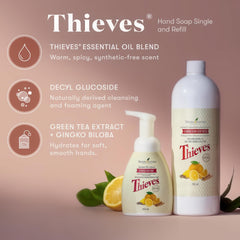 Young Living Thieves espumosa: textura suave para manos y experiencia agradable.