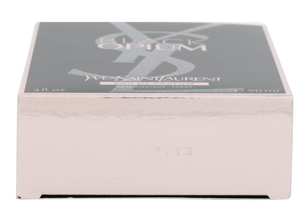 YSL Black Opium, botella lateral, muestra perfil icónico para exhibición en tocador