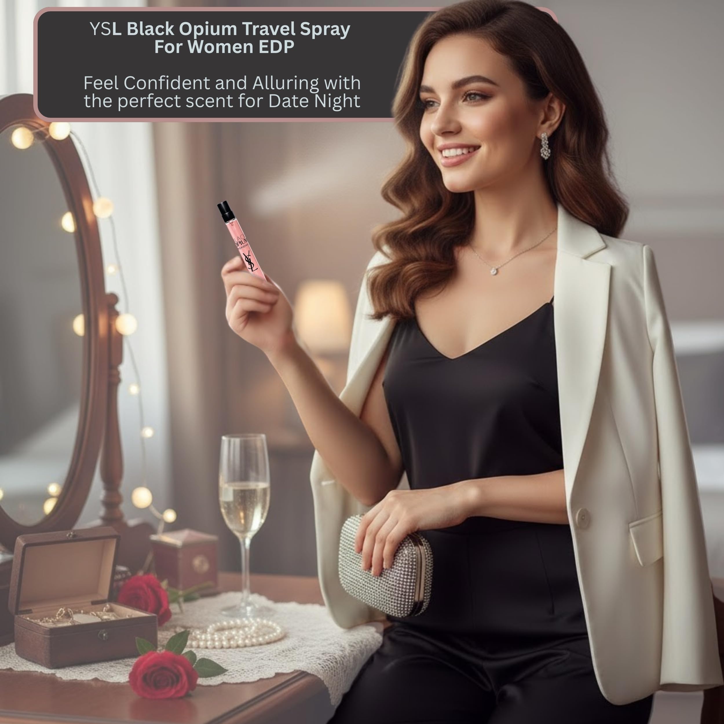 Yves Saint Laurent Black Opium, escena de uso, transmite estilo y confianza en eventos nocturnos.
