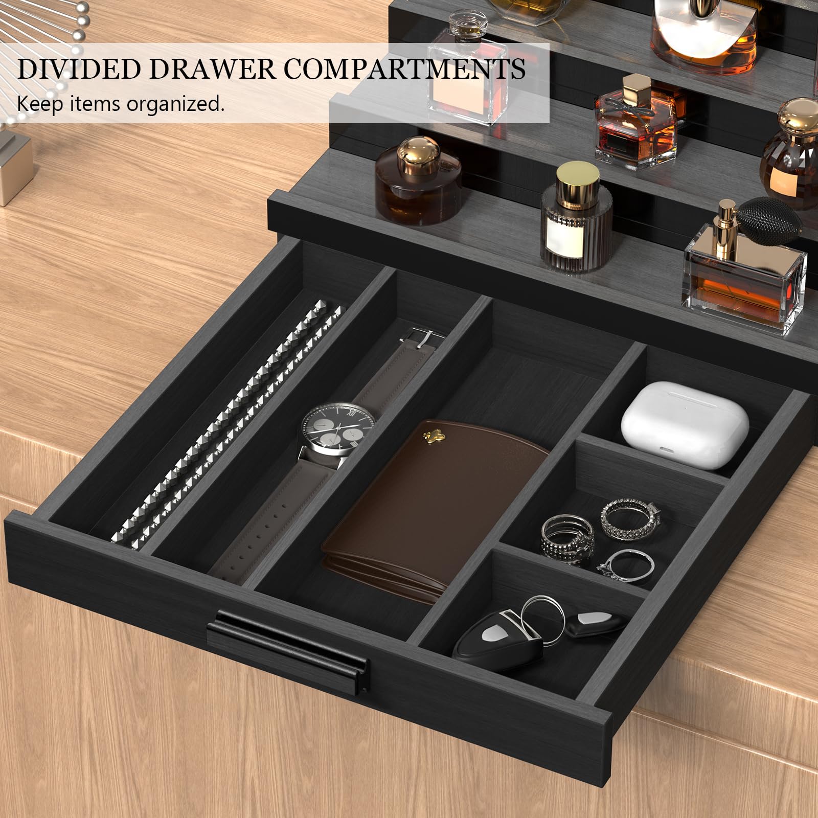 Zaldia organizador con compartimentos ocultos para accesorios discretos.