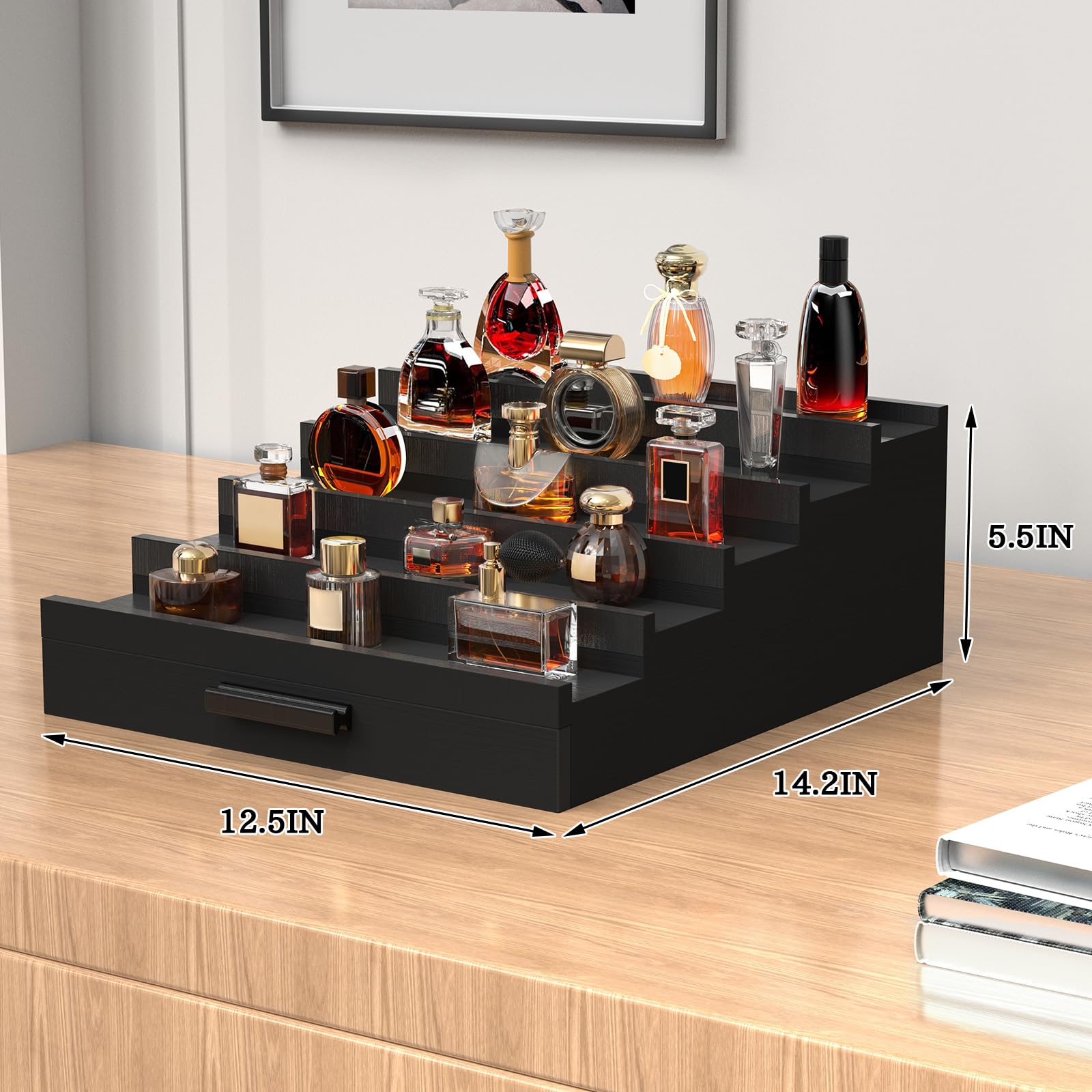 Zaldia organizador de colonia en madera negro, diseño clásico.