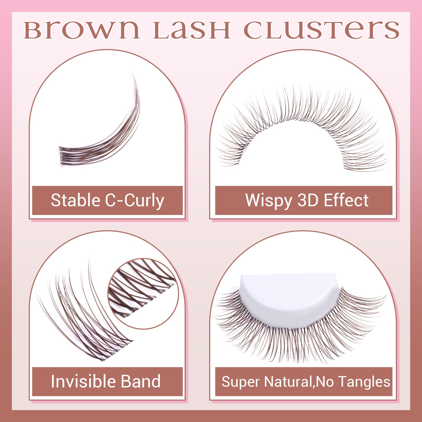 zanlufly lash clusters en marrón oscuro natural, mezcla suave con pestañas propias.