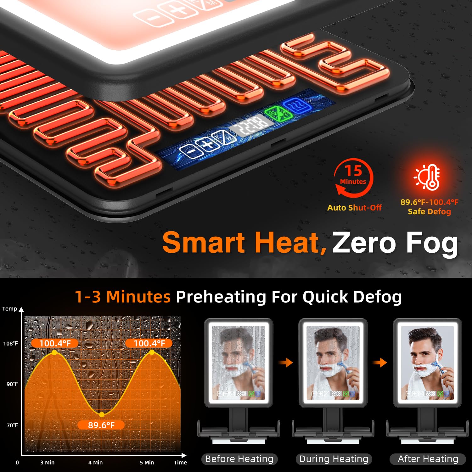 Espejo ZDXBO, ducha con luz LED de 3 colores para afeitado preciso.