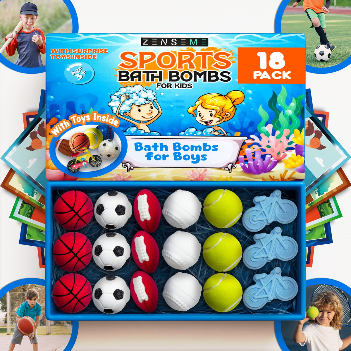 ZenseMe sports bath bombs with a toy inside spark active play during bath time.