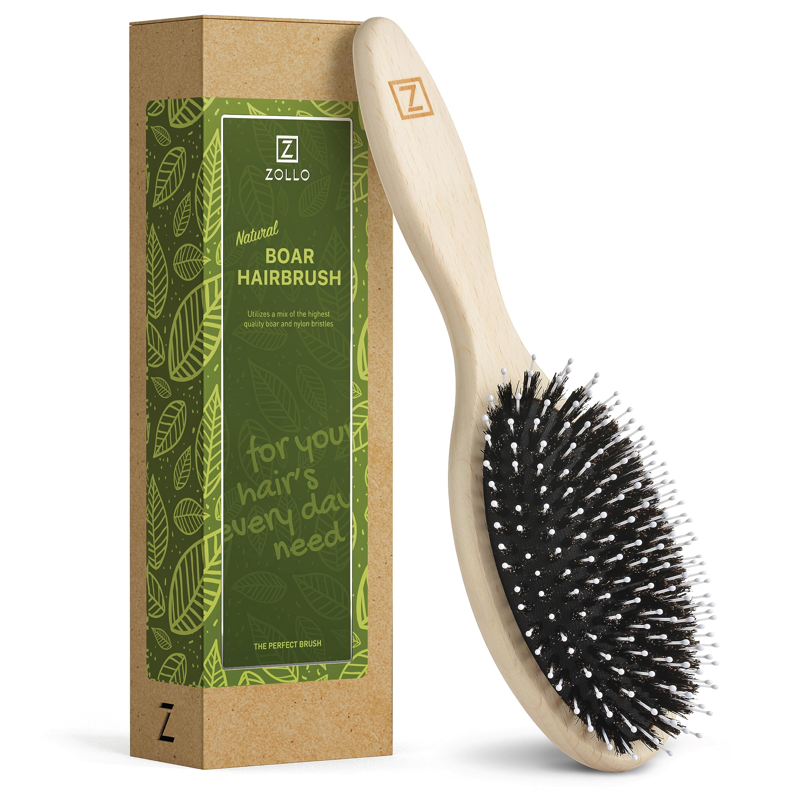Cepillo Zollo con cerdas de jabalí naturales en forma óvalo para cabello suave y nutrido