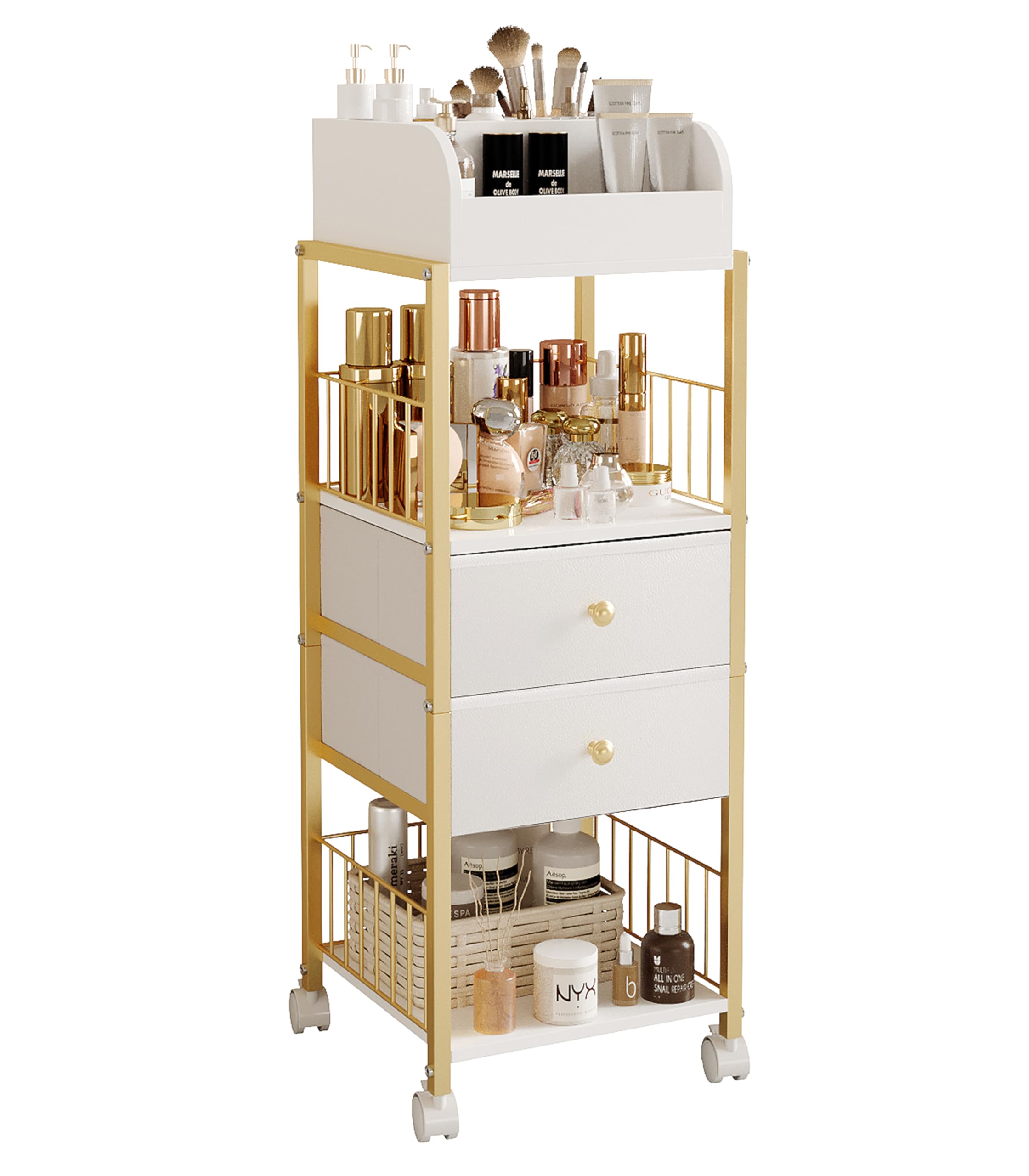 Carrito dorado de ZQUYAJ para maquillaje, organiza cosméticos con estilo.