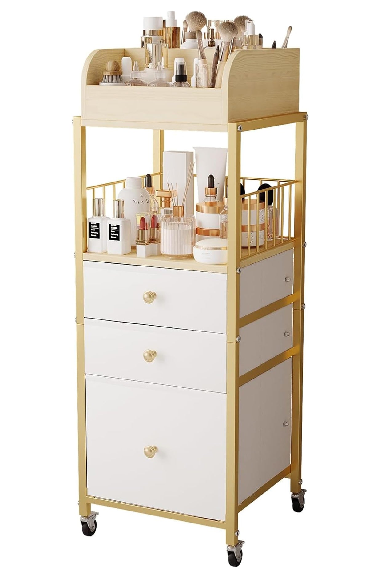 ZQUYAJ carro organizador maquillaje con cajones dorados para ordenar cosméticos y herramientas